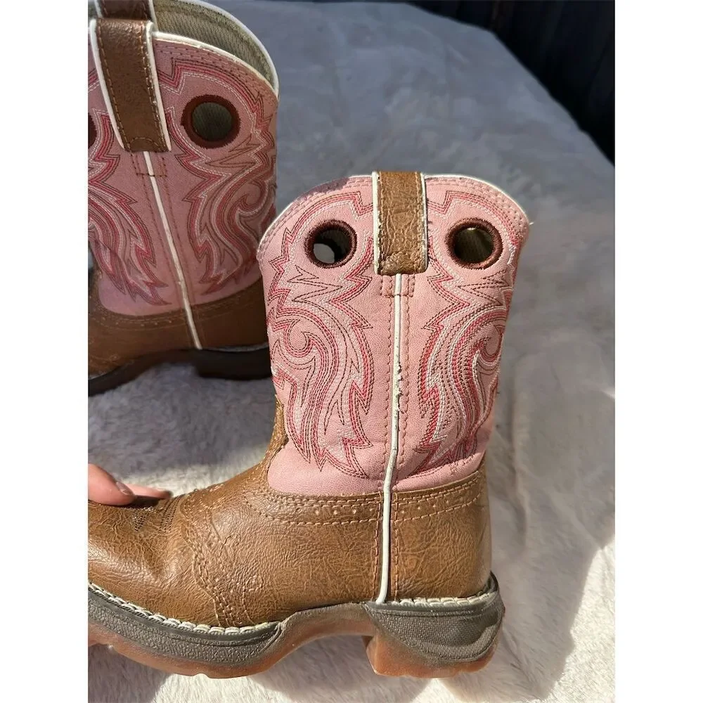 Durango Lil' Durango Girls Western Boots Tan Pink Square Toe Pull-On Size 10.5
